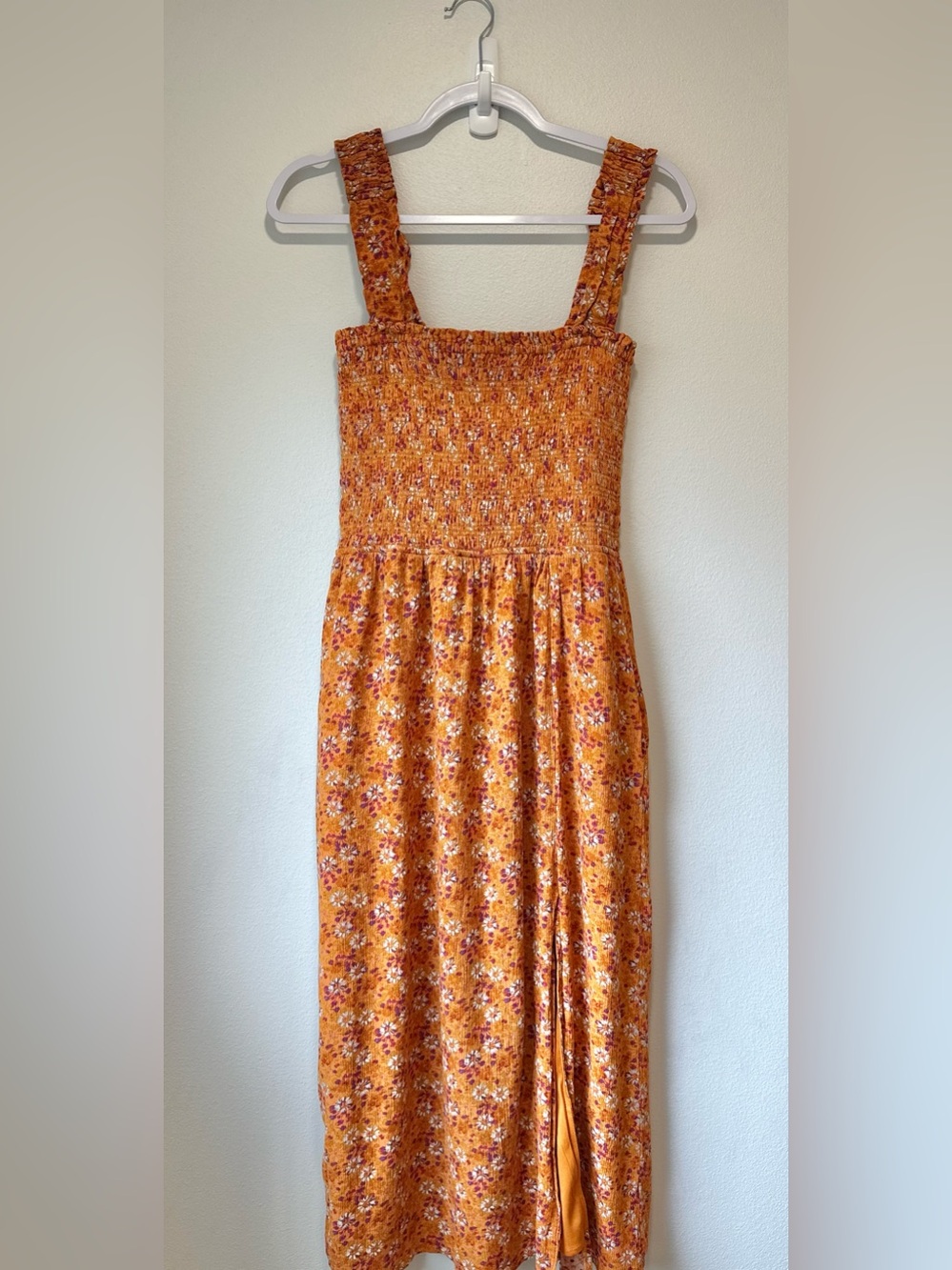 WAYF Floral Smocked Midi Dress Medium Pumpkin Spice Square Neck Side Slit Boho